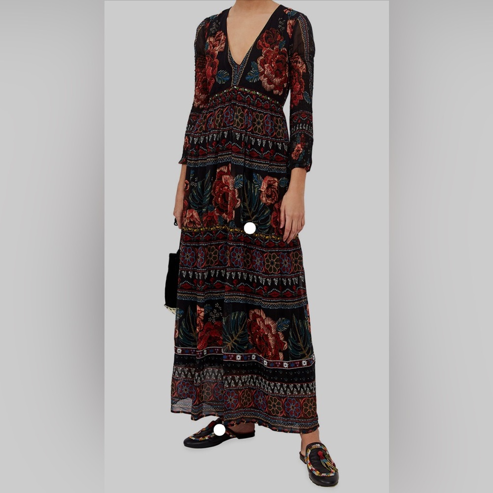 FARM Rio Multicolor Long Sleeve Dress Tropical Floral Maxi